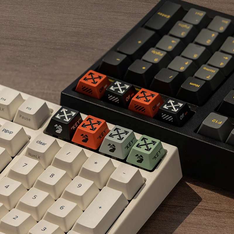 Off-White Streetwear Series Keycaps gallery, displaying its industrial streetwear aesthetic, bold metallic finish, and minimalist text from various perspectives.