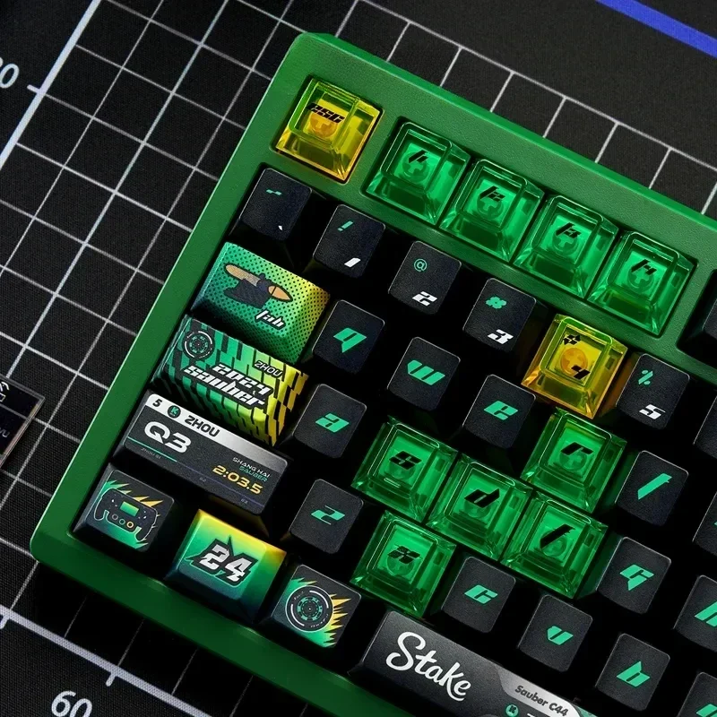 Exclusive F1 Zhou Guanyu Sauber C44 Keycap Set gallery, displaying dynamic black and green racing livery for gaming keyboards.