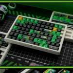 Exclusive F1 Keycap Set featuring Zhou Guanyus Sauber C44 livery in dynamic black and green, displayed from various angles for gamers.