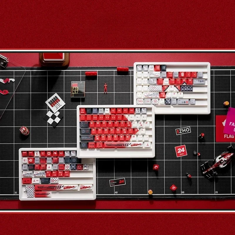 Dynamic F1 Keycaps set showcasing exclusive Alfa Romeo C42 Zhou Guanyu theme from multiple angles, highlighting premium motorsport-inspired details.