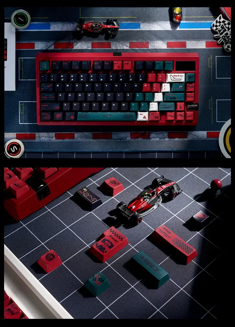 F1 Keycaps Alfa Romeo C43 Racing Championship theme set, showcasing dynamic red and black aesthetics from multiple angles. Experience authentic F1 racing enthusiasts.