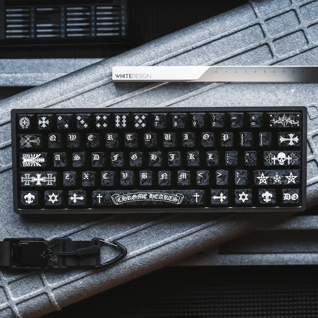 Gallery of the Authentic Forged Carbon Keycap Set, highlighting its matte translucent finish and dynamic forged carbon texture from multiple angles.