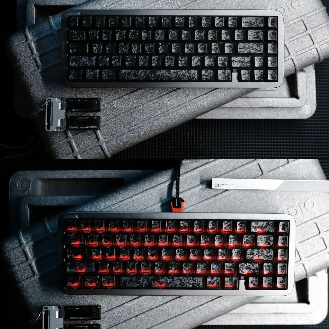 Authentic Forged Carbon Keycap Set with matte translucent finish, revealing dynamic dark texture and subtle diffused backlighting for premium luxury.