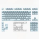 Refreshing frosted light blue PC keycaps set displayed. Gentle, translucent finish, like mint candy, defines this premium 132-key set.