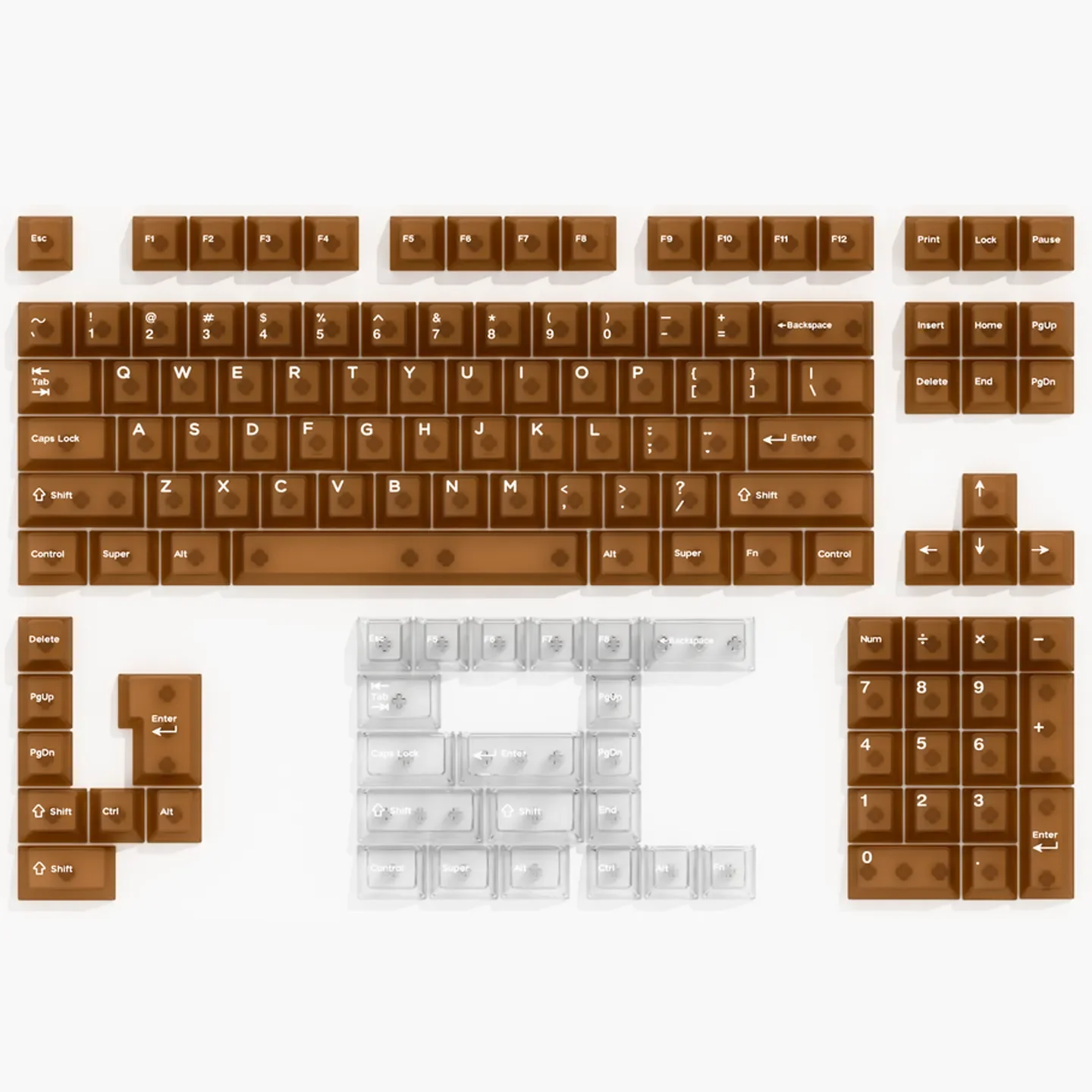 Coffee PC keycaps set, beautifully displaying its unique coffee translucent design. Softly diffused light creates an artistic, warm comfort.