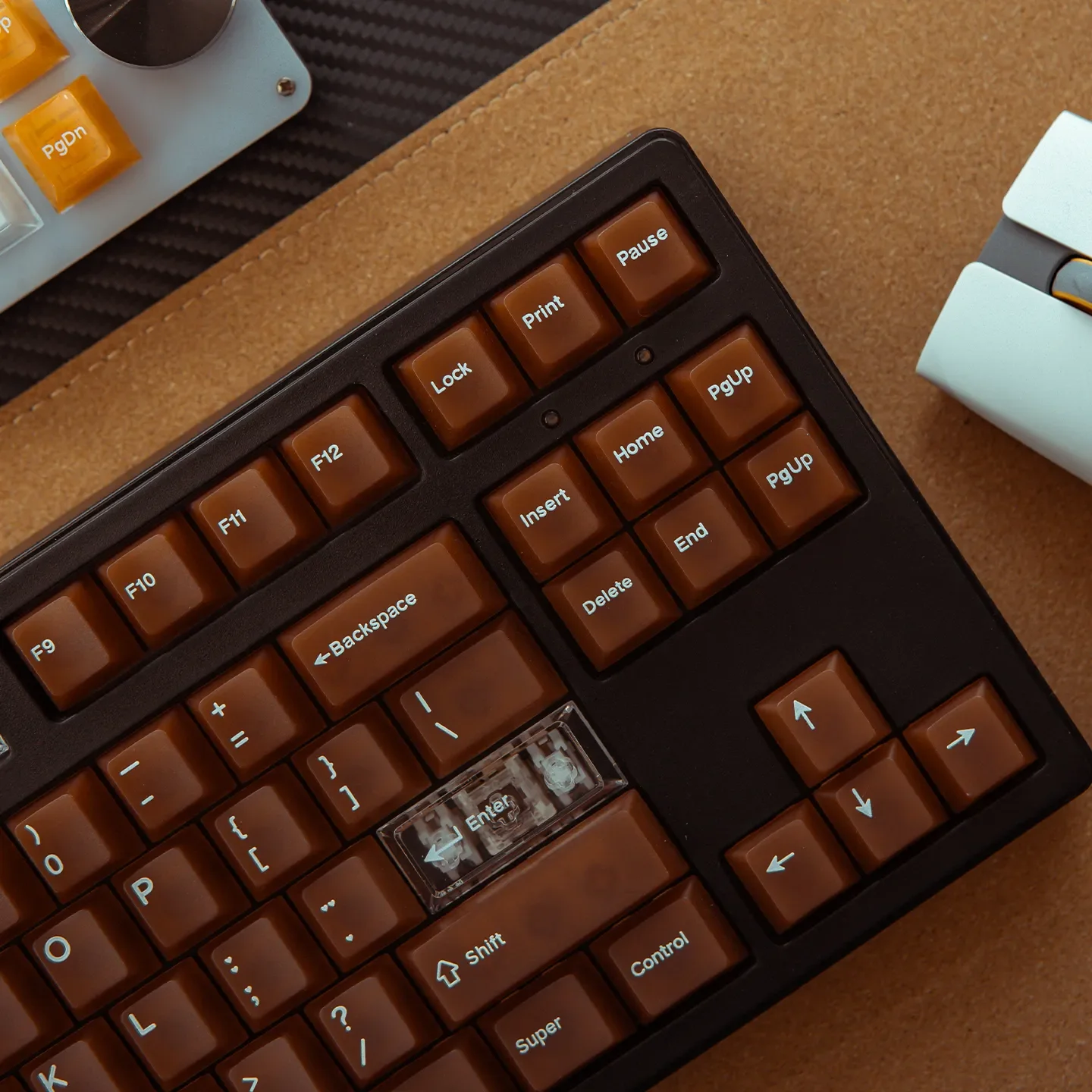 Multiple views of the artisanal Coffee PC Keycaps Set, revealing their unique coffee translucent design and softly diffused polycarbonate.