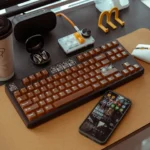 PC Keycaps: Artisanal coffee translucent set, artfully displayed from various angles, highlighting its unique diffused glow.