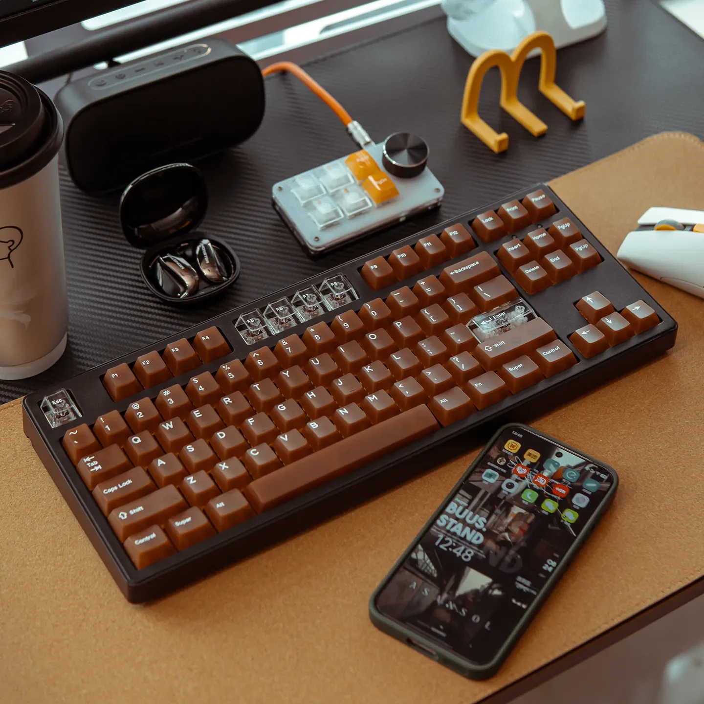 PC Keycaps: Artisanal coffee translucent set, artfully displayed from various angles, highlighting its unique diffused glow.