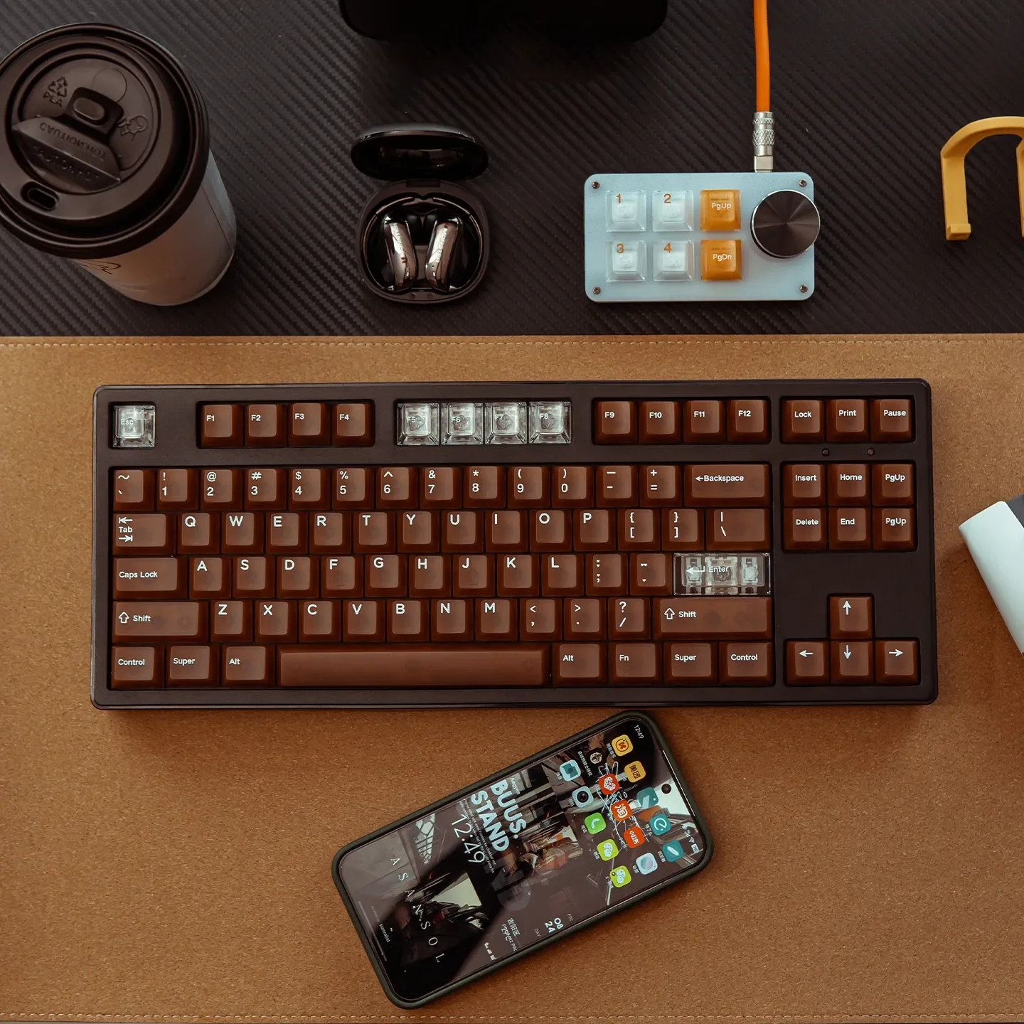 Softly diffused Coffee PC Keycaps Set in an artisanal coffee translucent design, beautifully displayed as a 132-key set, evoking warm comfort.