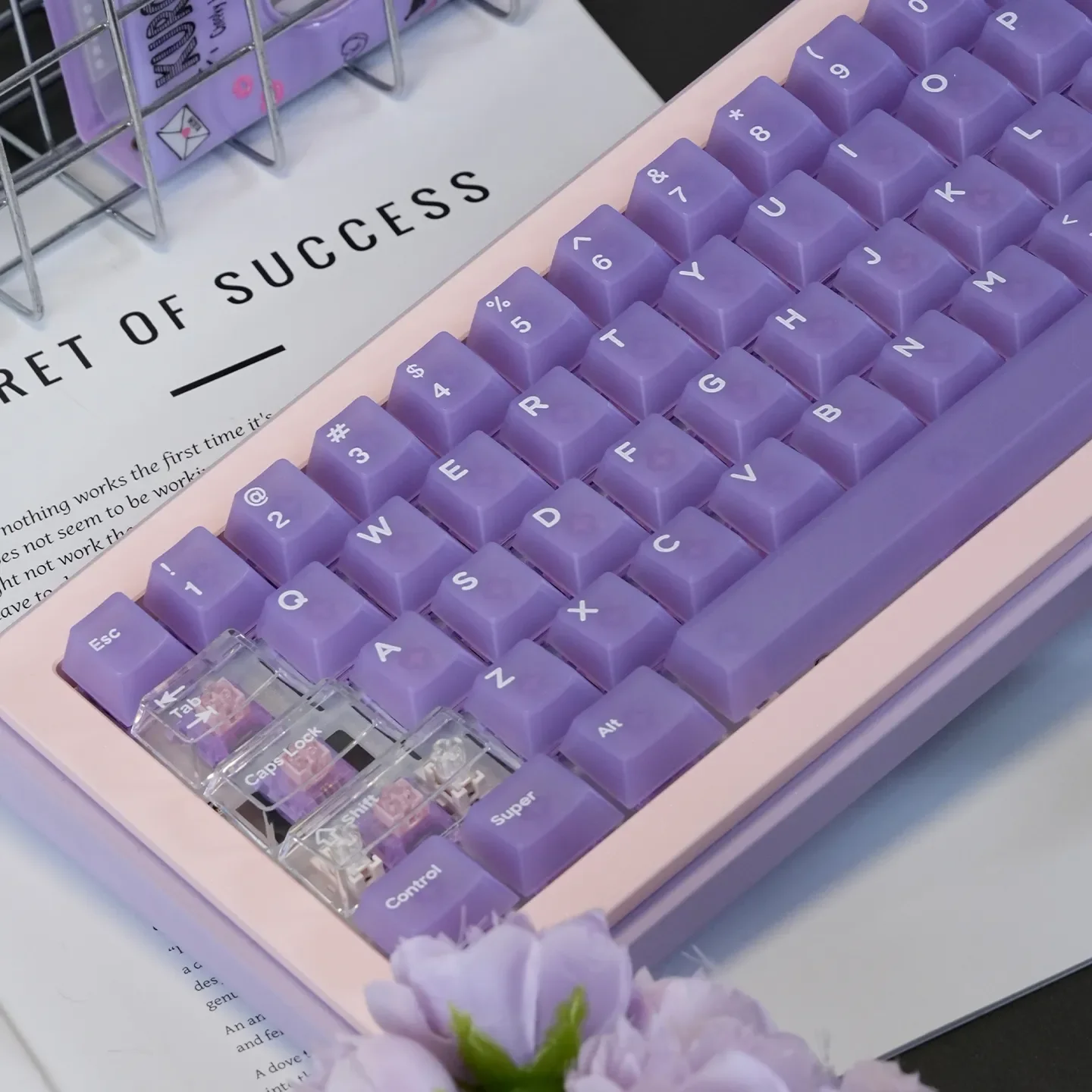 A gallery view of exquisite light purple frosted PC keycaps set, revealing their soft, misty translucence and premium craftsmanship for magnetic switch.