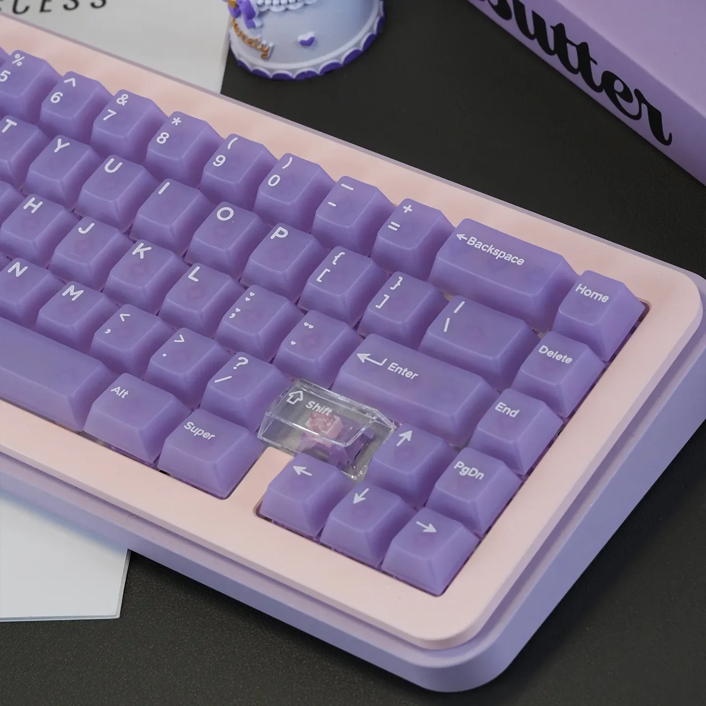 Ethereal Light Purple Frosted PC Keycaps set, multiple angles showing soft pastel mist, frosted translucence for magnetic switch keyboards.
