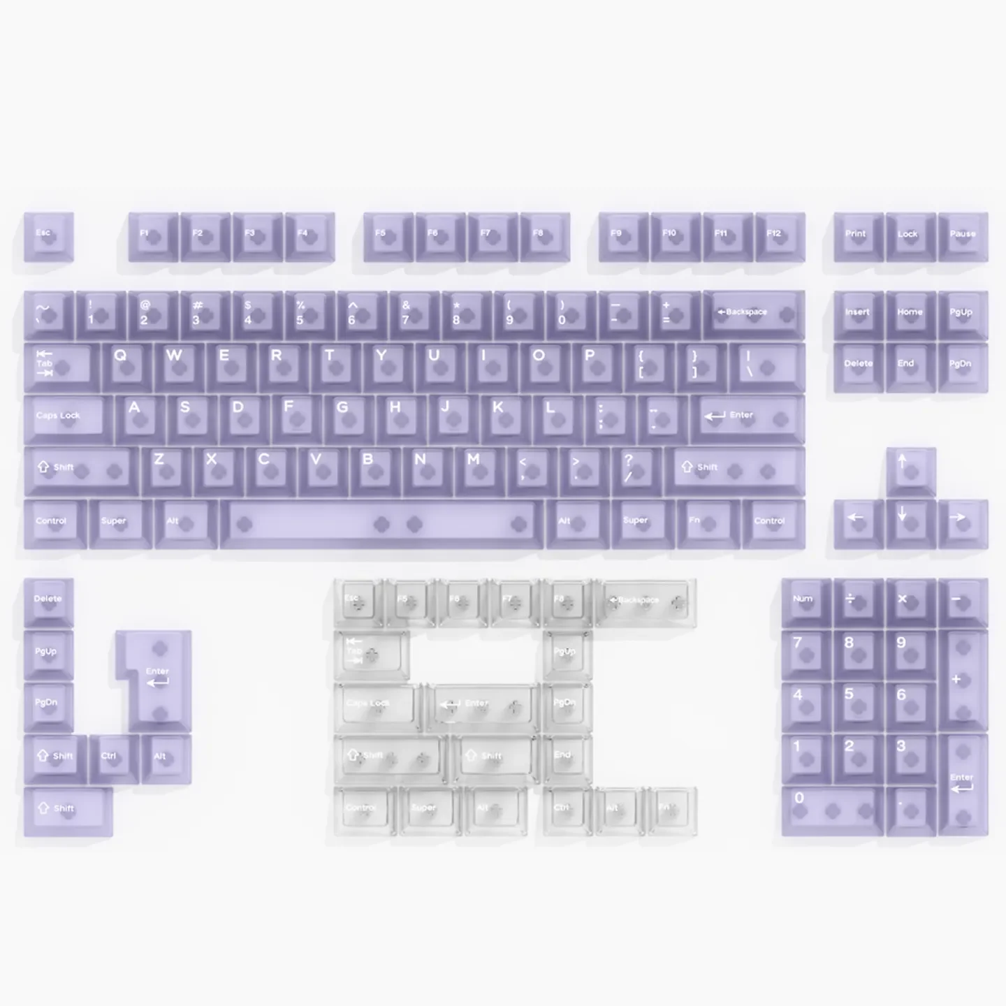 Ethereal light purple frosted PC keycaps set presented as a full 132-key set, radiating soft pastel translucence and a premium candy-like finish.