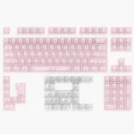 Ethereal frosted pink translucent PC keycaps set, showcasing soft pastel hues and diffused light for a dreamy, premium aesthetic.