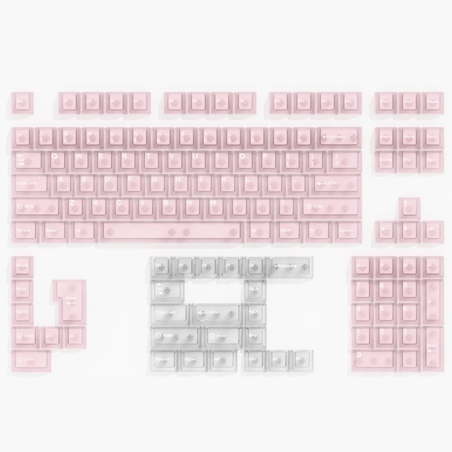 Ethereal frosted pink translucent PC keycaps set, showcasing soft pastel hues and diffused light for a dreamy, premium aesthetic.