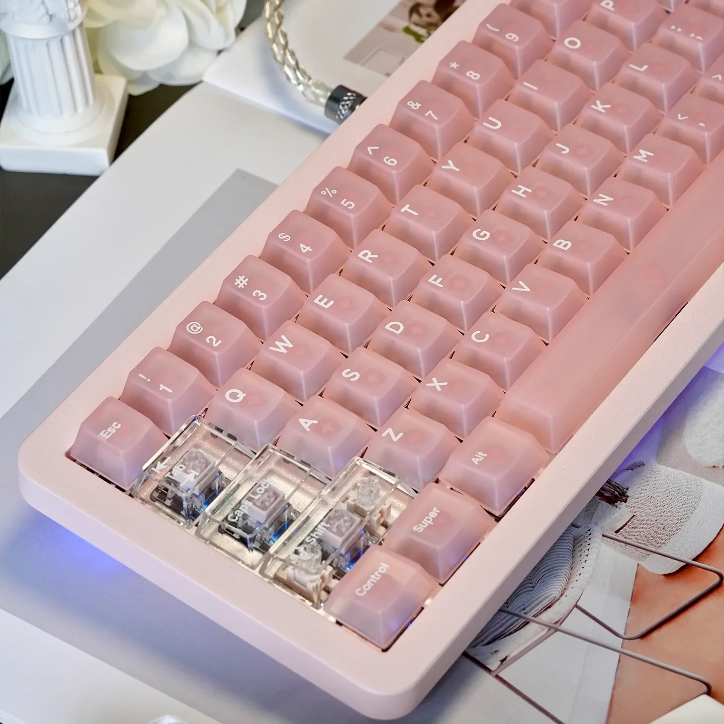 Product image set of ethereal frosted pink translucent PC keycaps set, displaying various angles of their soft, dreamy, modern design.