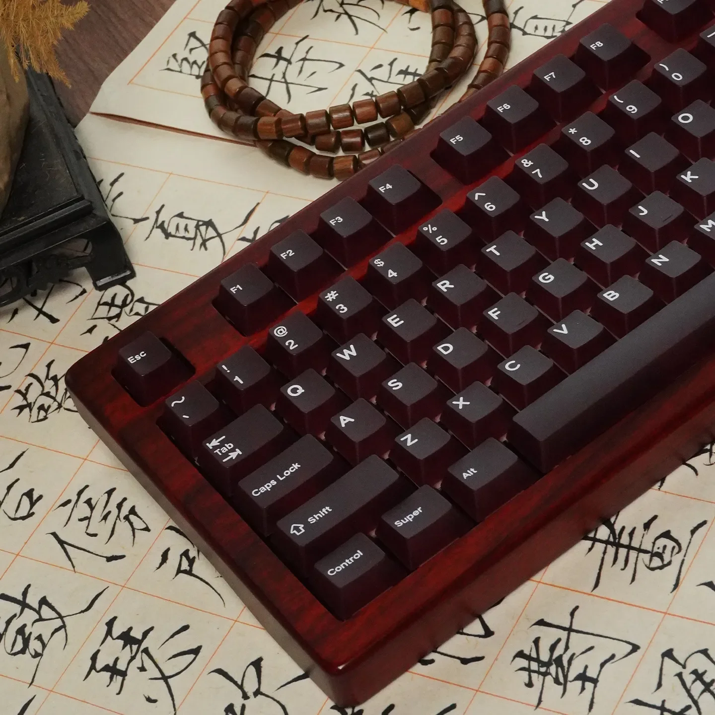 Sophisticated Frosted Wine Red Keycaps Set gallery, showcasing their unique frosted translucent PC material and rich wine red aesthetic from various deisgn.
