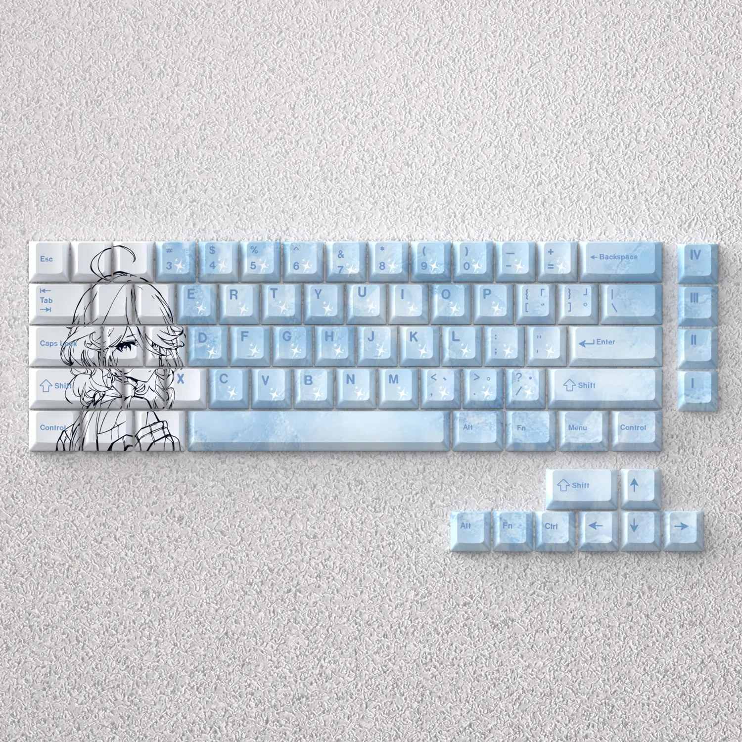 Exclusive Genshin Impact Furina PBT keycaps set, showcasing vibrant Hydro Archon art and elegant Fontainian design. A divine set for collectors.