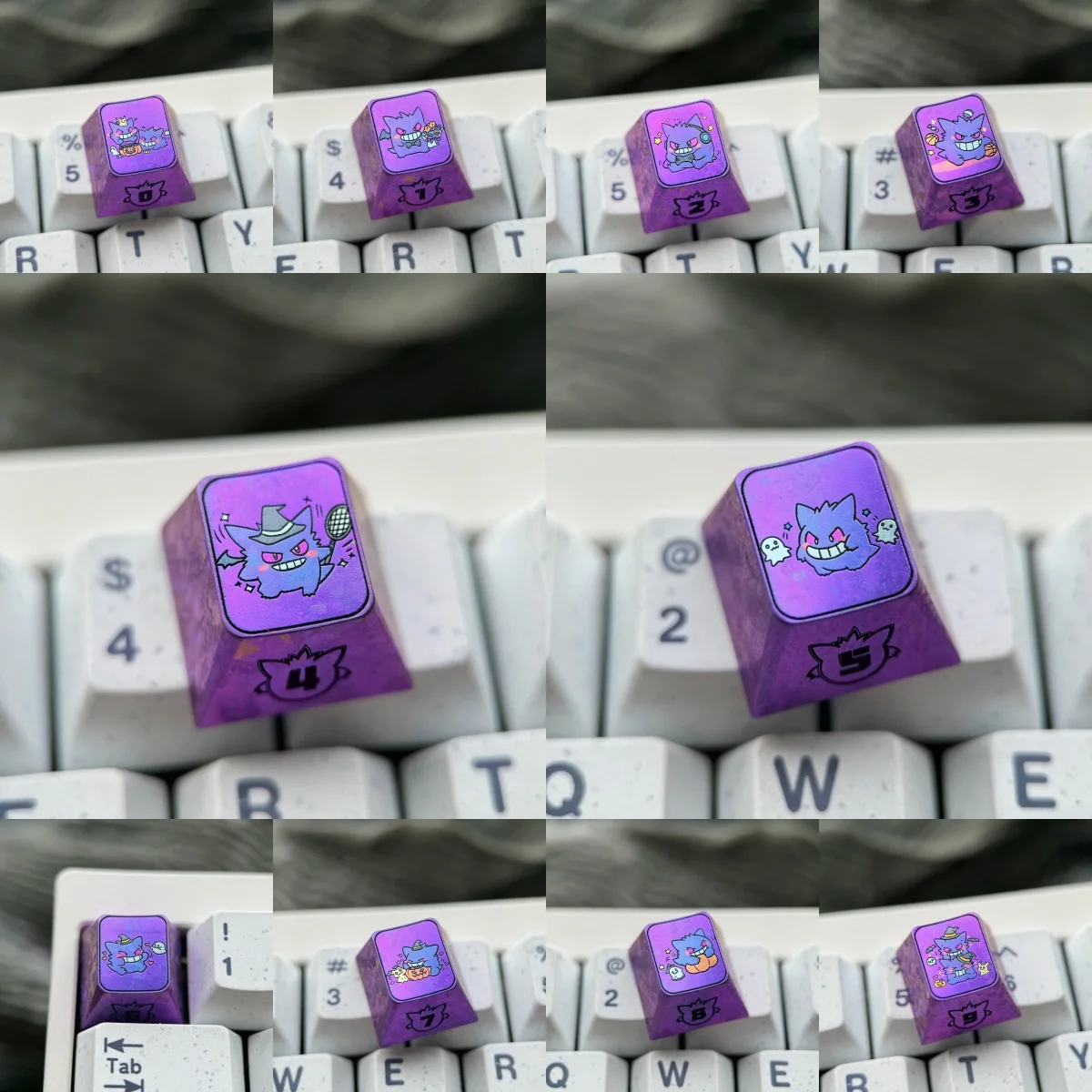 Premium titanium alloy Gengar artisan keycap featuring a stylized metallic purple Pokemon design for custom mechanical keyboards.