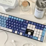 Elegant Furina PBT dye-sub keycap set for Genshin Impact, featuring vibrant blue, white, gold, and Fontaine motifs from various angles.