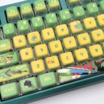 Genshin Impact Kinich creamy translucent keycaps set from multiple angles, highlighting their soft milky pastel hues and ethereal fantasy glow.