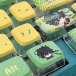 Detailed views of Genshin Impact Kinich creamy translucent keycaps set from multiple angles, highlighting their soft milky pastel hues and ethereal glow.