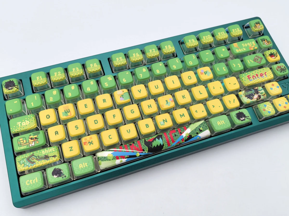 Stunning Genshin Impact Kinich creamy translucent keycaps set, radiating soft pastel hues with an ethereal glow.