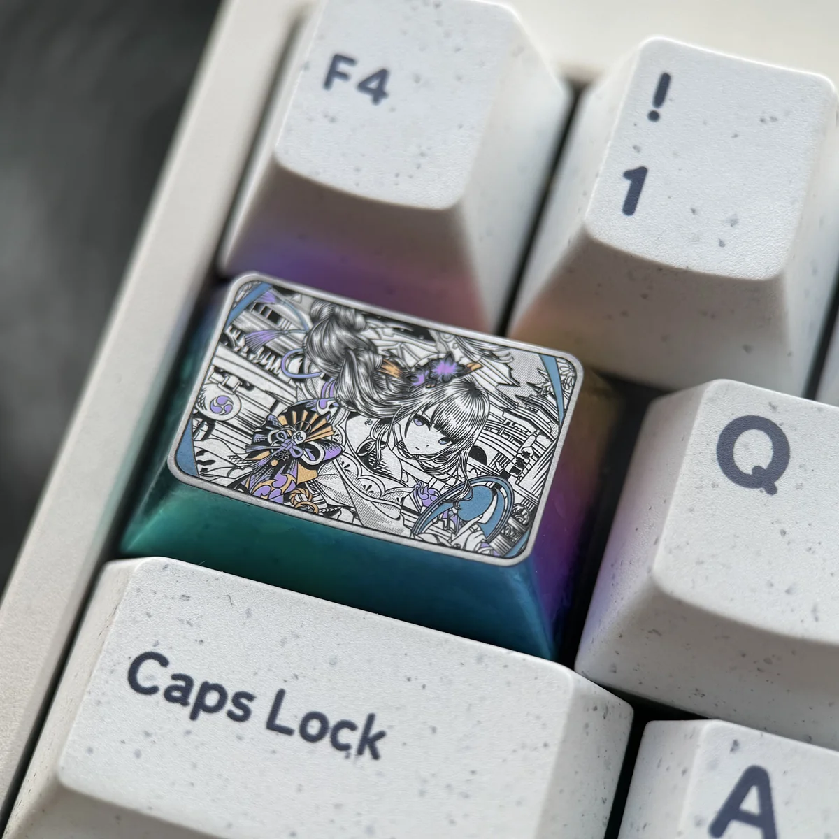 Premium Genshin Impact titanium keycap featuring Raiden Shogun and Yae Miko, showcasing vivid engraved anime art from various angles.