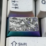 Genshin Impact titanium keycaps featuring Raiden Shogun and Yae Miko. Vivid anime art meticulously engraved on premium polished titanium.