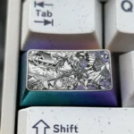 Genshin Impact titanium keycap gallery featuring Raiden Shogun and Yae Miko. Showcases intricate artisan craft and premium anodized titanium from variious angles.