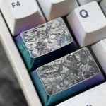 Vivid Genshin Impact titanium keycap with precisely engraved Raiden Shogun and Yae Miko art, showcasing its premium alloy craftsmanship.