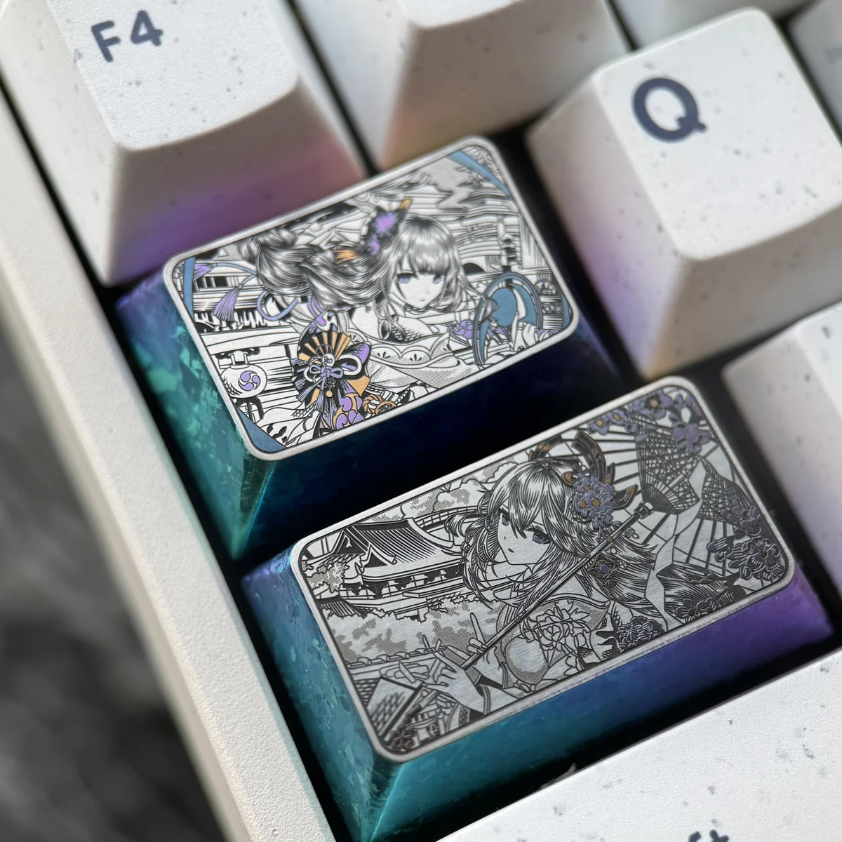 Vivid Genshin Impact titanium keycap with precisely engraved Raiden Shogun and Yae Miko art, showcasing its premium alloy craftsmanship.