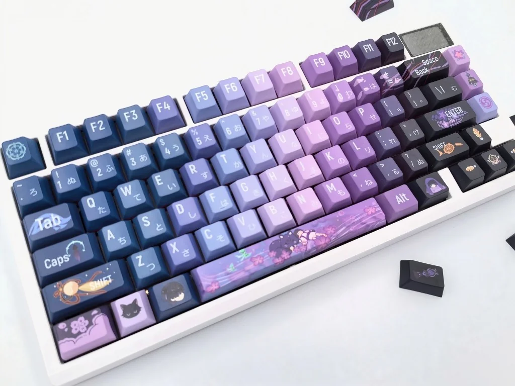 Exclusive Genshin Impact Wanderer PBT keycaps set from multiple angles, showcasing mystical blue-purple Scaramouche motifs for an artistic anime aesthetic.