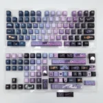 Exclusive Genshin Impact Wanderer PBT keycap set, featuring Scaramouche's ethereal blue-purple hues and character-inspired motifs from various artistic angle.