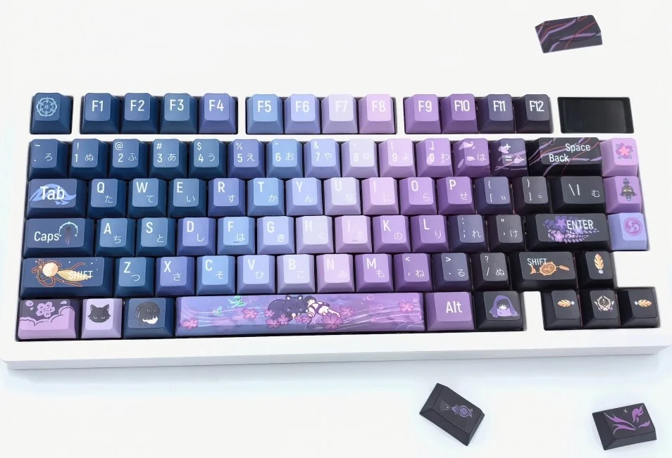 Exclusive Genshin Impact Wanderer PBT Keycaps set showcasing mystical blue-purple hues, elegant character motifs, and an artistic anime aesthetic.