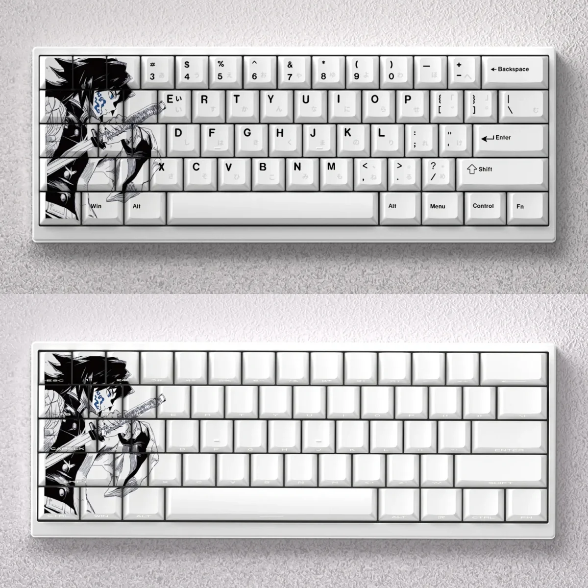 Demon Slayer Tomioka Giyu themed keycap set, front-engraved and opaque, designed for 60%, 65%, and 68% mechanical keyboards.