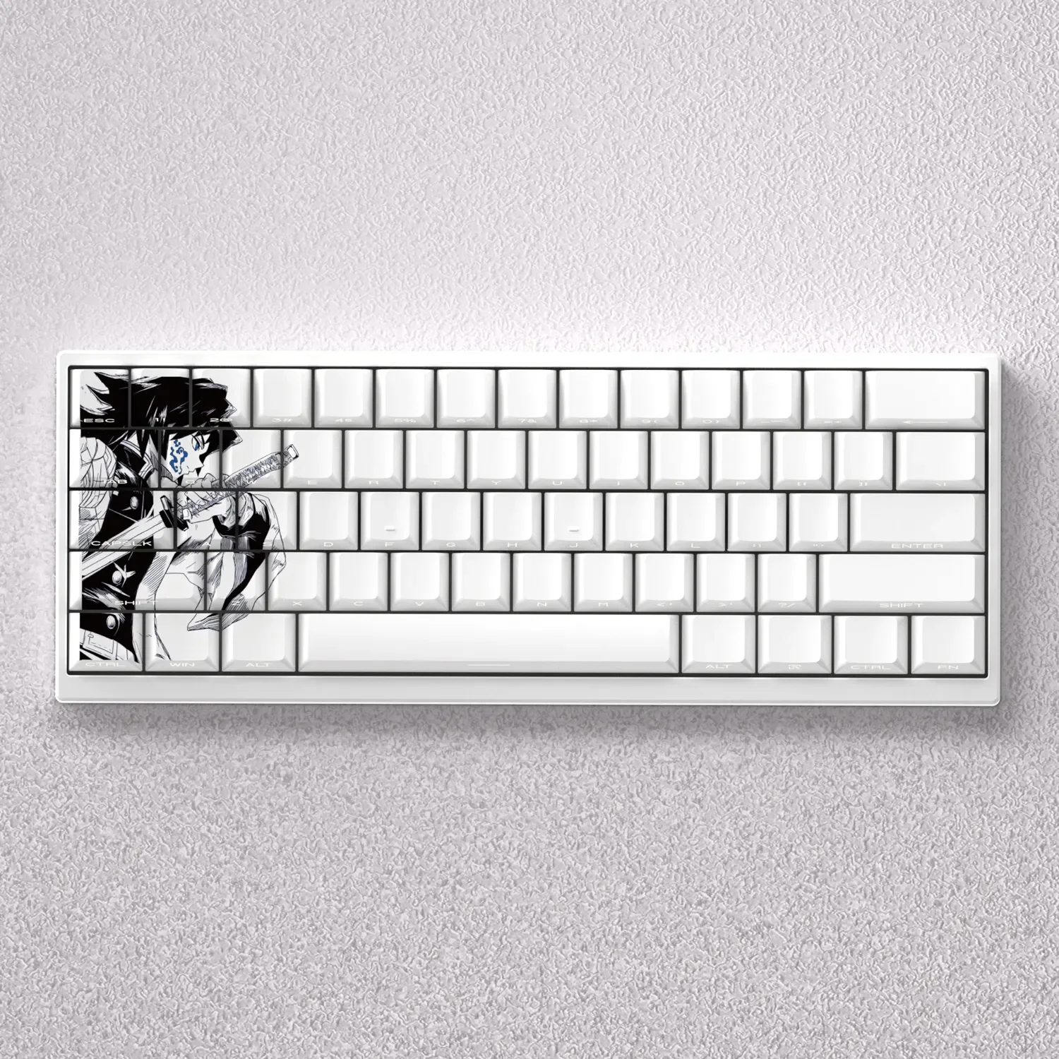 Close-up of front-engraved opaque Tomioka Giyu Demon Slayer keycaps set, bringing anime style to 60%, 65%, and 68% mechanical keyboards.
