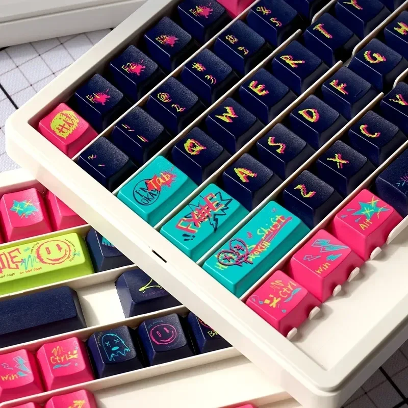 Gallery of hand-painted graffiti artisan keycaps set, revealing unique street art designs from various angles. Vibrant, expressive keyboard street art.