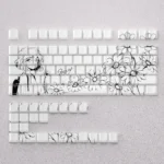 Close-up of the exclusive Haihara Ai PBT backlit side-print keycaps, highlighting their sleek, mysterious anime aesthetic for collectors.