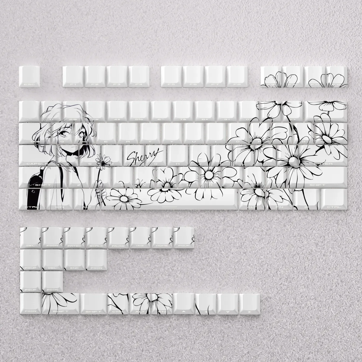 Close-up of the exclusive Haihara Ai PBT backlit side-print keycaps, highlighting their sleek, mysterious anime aesthetic for collectors.