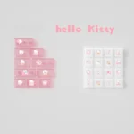 Playful pink Hello Kitty PBT dye-sub keycaps set arranged, highlighting durable quality and iconic character art for mechanical keyboards.