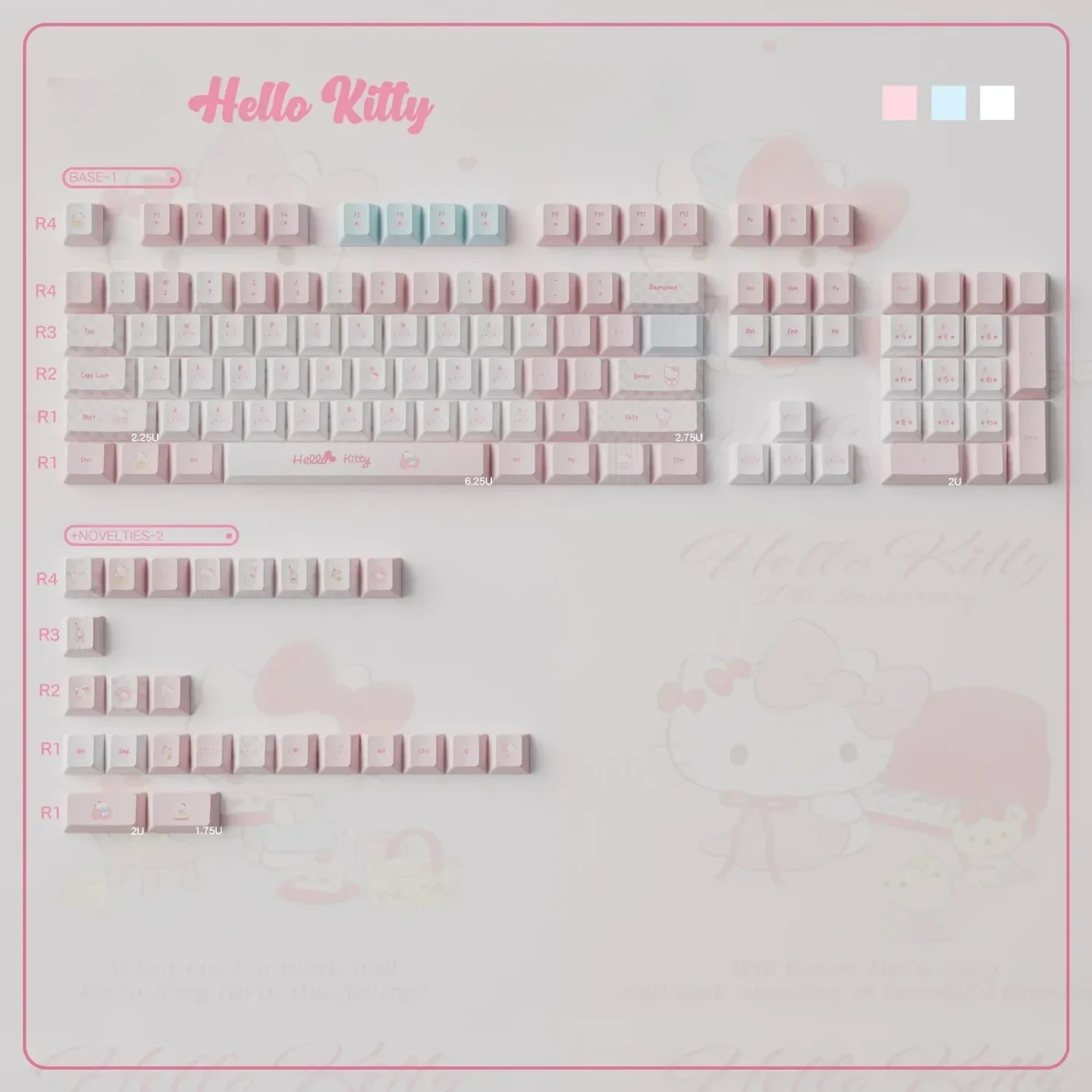 Vibrant Hello Kitty PBT dye-sub keycaps set featuring iconic characters in playful pink, durable for mechanical keyboards.