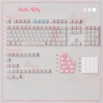 Playful Hello Kitty PBT dye-sub keycaps set, featuring iconic characters on a vibrant pink mechanical keyboard set.