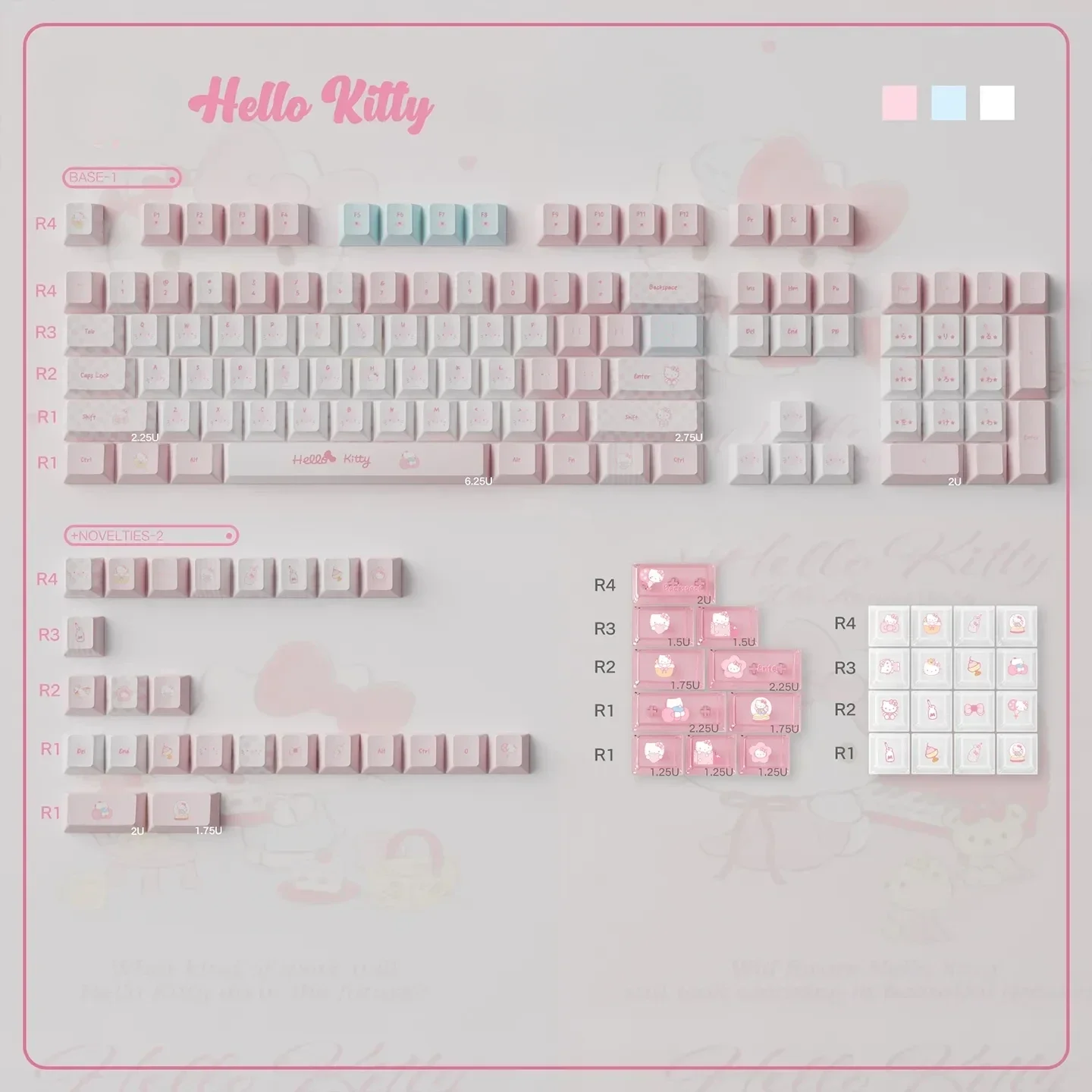 Playful Hello Kitty PBT dye-sub keycaps set, featuring iconic characters on a vibrant pink mechanical keyboard set.