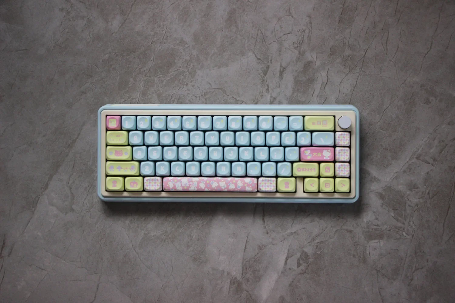 Adorable Hello Kitty MOA profile keycaps set in a playful gallery, featuring various pastel characters from different angles for a cute mechanical keyboard.