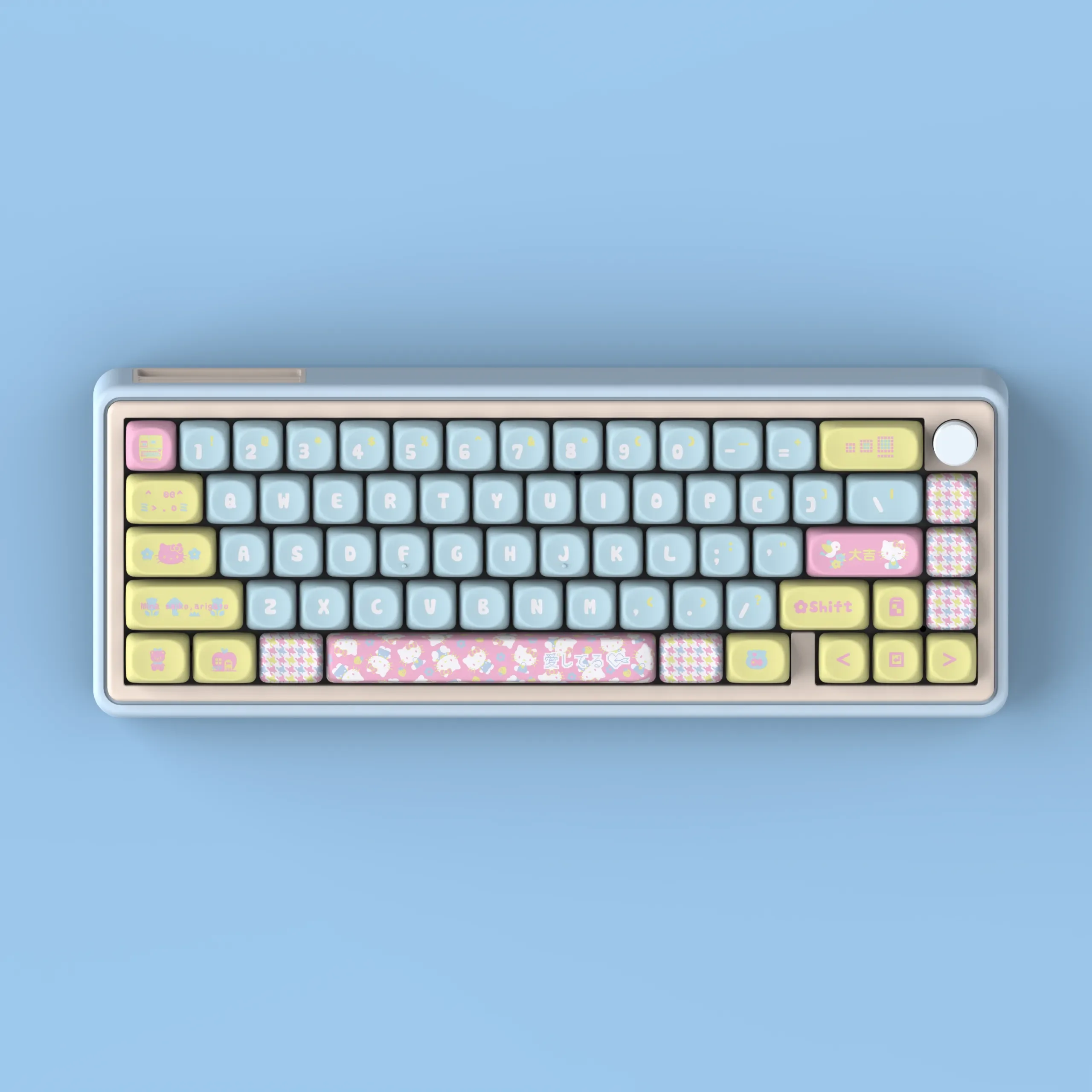 Adorable Hello Kitty MOA Profile Keycaps set for mechanical keyboards, featuring pastel characters and a playful design, perfect for a cute aesthetic.
