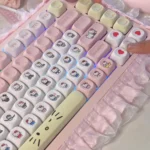 Whimsical gallery featuring the exclusive Hello Kitty pink PBT spherical keycap set, showcasing its charming character design for playful keyboards.