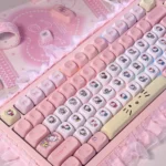 Charming gallery showcasing the exclusive Hello Kitty Keycaps Set pink PBT spherical set from various whimsical angles.
