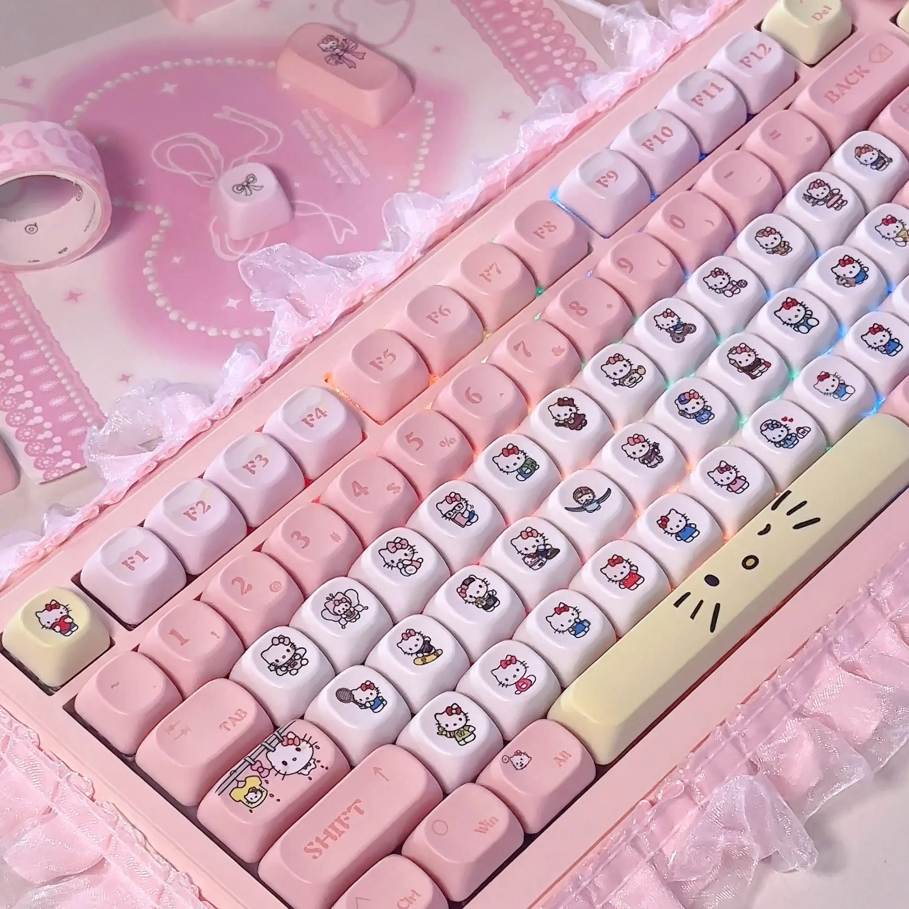 Charming gallery showcasing the exclusive Hello Kitty Keycaps Set pink PBT spherical set from various whimsical angles.