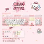 Hello Kitty Joyful Pink Dye-Sub PBT keycaps set, showcasing iconic characters in pastel pink and white, with rounded profiles from multiple angles.