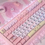 Detailed view of Hello Kitty Joyful Pink opaque Dye-Sub PBT MOA profile keycaps set, showcasing the playful rounded pastel design for a small full set.